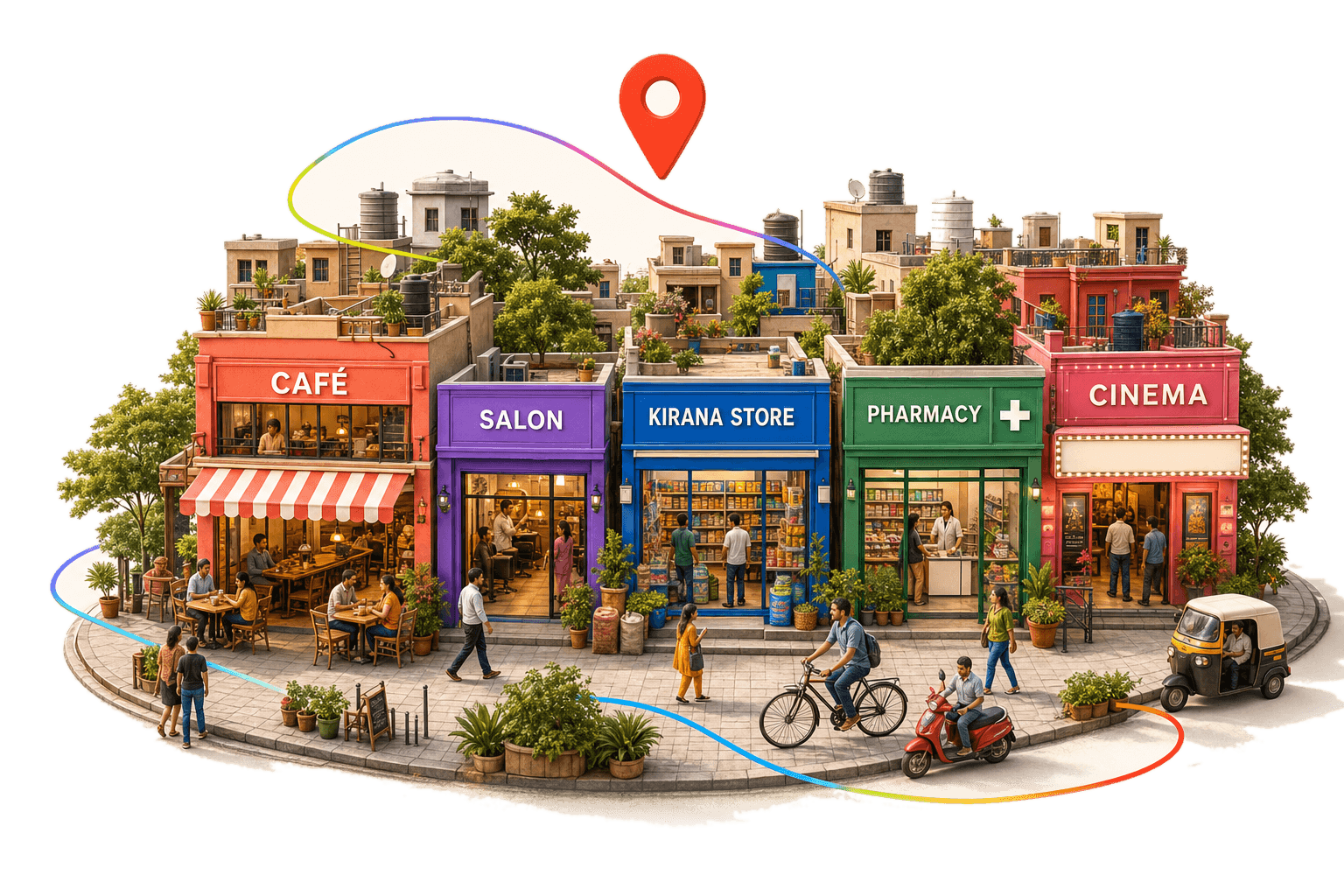 A colorful GiveX neighborhood with a café, salon, local store, pharmacy and cinema